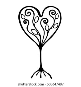 Vector hand drawn illustration, decorative ornamental stylized tree. Black and white graphic illustration isolated on the white background. Inc drawing silhouette. Decorative artistic ornamental wood