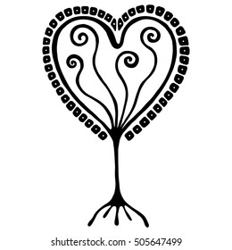 Vector hand drawn illustration, decorative ornamental stylized tree. Black and white graphic illustration isolated on the white background. Inc drawing silhouette. Decorative artistic ornamental wood