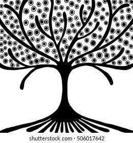 Vector hand drawn illustration, decorative ornamental stylized tree. Black and white graphic illustration isolated on the white background. Ink drawing silhouette. Decorative artistic ornamental wood