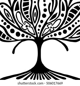 Vector hand drawn illustration, decorative ornamental stylized tree. Black and white graphic illustration isolated on the white background. Inc drawing silhouette. Decorative artistic ornamental wood