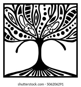 Vector hand drawn illustration, decorative ornamental stylized tree. Black and white graphic illustration isolated on the white background. Inc drawing silhouette. Decorative artistic ornamental wood