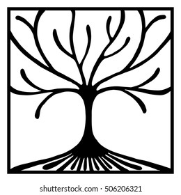 Vector hand drawn illustration, decorative ornamental stylized tree. Black and white graphic illustration isolated on the white background. Inc drawing silhouette. Decorative artistic ornamental wood