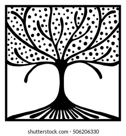 Vector hand drawn illustration, decorative ornamental stylized tree. Black and white graphic illustration isolated on the white background. Inc drawing silhouette. Decorative artistic ornamental wood