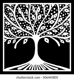 Vector hand drawn illustration, decorative ornamental stylized tree. Black and white graphic illustration isolated on the white background. Inc drawing silhouette. Decorative artistic ornamental wood