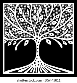 Vector hand drawn illustration, decorative ornamental stylized tree. Black and white graphic illustration isolated on the white background. Inc drawing silhouette. Decorative artistic ornamental wood