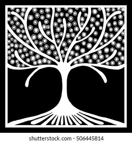Vector hand drawn illustration, decorative ornamental stylized tree. Black and white graphic illustration isolated on the white background. Inc drawing silhouette. Decorative artistic ornamental wood