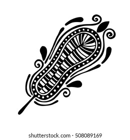 Vector hand drawn illustration, decorative ornamental stylized feather. Black and white graphic illustration isolated on the white background. Inc drawing silhouette.