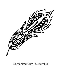 Vector hand drawn illustration, decorative ornamental stylized feather. Black and white graphic illustration isolated on the white background. Inc drawing silhouette.