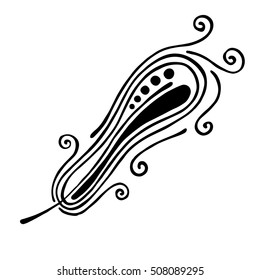 Vector hand drawn illustration, decorative ornamental stylized feather. Black and white graphic illustration isolated on the white background. Inc drawing silhouette.