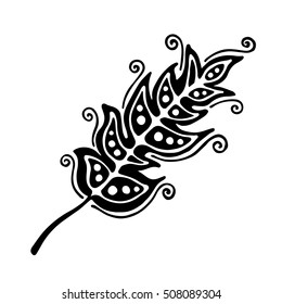 Vector hand drawn illustration, decorative ornamental stylized feather. Black and white graphic illustration isolated on the white background. Inc drawing silhouette.