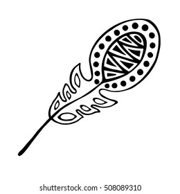 Vector hand drawn illustration, decorative ornamental stylized feather. Black and white graphic illustration isolated on the white background. Inc drawing silhouette.