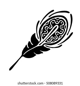 Vector hand drawn illustration, decorative ornamental stylized feather. Black and white graphic illustration isolated on the white background. Inc drawing silhouette.