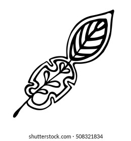 Vector hand drawn illustration, decorative ornamental stylized feather. Black and white graphic illustration isolated on the white background. Inc drawing silhouette.