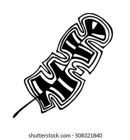 Vector hand drawn illustration, decorative ornamental stylized feather. Black and white graphic illustration isolated on the white background. Inc drawing silhouette.