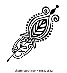 Vector hand drawn illustration, decorative ornamental stylized feather. Black and white graphic illustration isolated on the white background. Inc drawing silhouette.