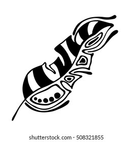 Vector hand drawn illustration, decorative ornamental stylized feather. Black and white graphic illustration isolated on the white background. Inc drawing silhouette.