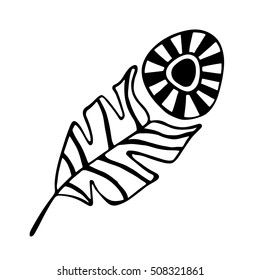 Vector hand drawn illustration, decorative ornamental stylized feather. Black and white graphic illustration isolated on the white background. Inc drawing silhouette.
