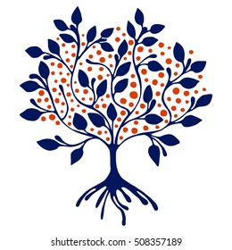 Vector hand drawn illustration, decorative ornamental stylized tree.  Blue and red graphic illustration isolated on the white background. Inc drawing silhouette. Decorative artistic ornamental wood
