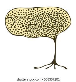 Vector hand drawn illustration, decorative ornamental stylized tree.  Yellow graphic illustration isolated on the white background. Inc drawing silhouette. Decorative artistic ornamental wood