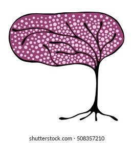 Vector hand drawn illustration, decorative ornamental stylized tree. Violet graphic illustration isolated on the white background. Inc drawing silhouette. Decorative artistic ornamental wood