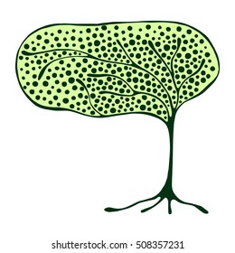 Vector hand drawn illustration, decorative ornamental stylized tree. Green graphic illustration isolated on the white background. Inc drawing silhouette. Decorative artistic ornamental wood