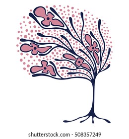 Vector hand drawn illustration, decorative ornamental stylized tree.  Violet graphic illustration isolated on the white background. Inc drawing silhouette. Decorative artistic ornamental wood