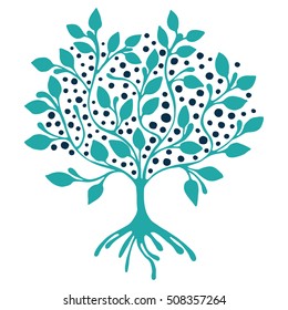 Vector hand drawn illustration, decorative ornamental stylized tree.  Blue graphic illustration isolated on the white background. Inc drawing silhouette. Decorative artistic ornamental wood
