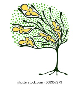 Vector hand drawn illustration, decorative ornamental stylized tree.  Green graphic illustration isolated on the white background. Inc drawing silhouette. Decorative artistic ornamental wood