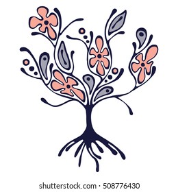 Vector hand drawn illustration, decorative ornamental stylized tree. Pink and blue graphic illustration isolated on  white background. Ink drawing silhouette. Decorative artistic ornamental wood