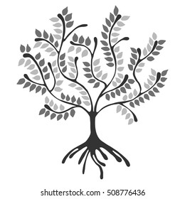 Vector hand drawn illustration, decorative ornamental stylized tree. Grey graphic illustration isolated on white background. Ink drawing silhouette. Decorative artistic ornamental wood