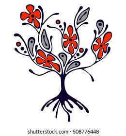 Vector hand drawn illustration, decorative ornamental stylized tree. Red and blue graphic illustration isolated on white background. Ink drawing silhouette. Decorative artistic ornamental wood