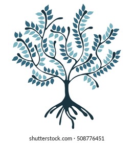 Vector hand drawn illustration, decorative ornamental stylized tree. Blue graphic illustration isolated on white background. Ink drawing silhouette. Decorative artistic ornamental wood