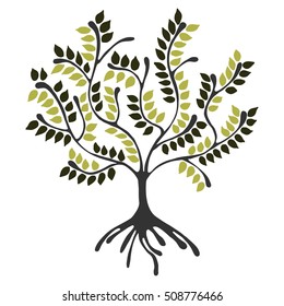 Vector hand drawn illustration, decorative ornamental stylized tree. Green graphic illustration isolated on white background. Ink drawing silhouette. Decorative artistic ornamental wood