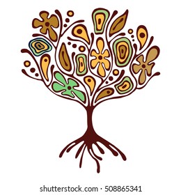 Vector hand drawn illustration, decorative ornamental stylized tree. Colorful vintage graphic illustration isolated on white background. Inc drawing silhouette. Decorative artistic ornamental wood.