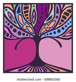 Vector hand drawn illustration, decorative ornamental stylized tree. Pink artistic background with frame and border. Graphic illustration. Decorative vector artistic ornamental wood.
