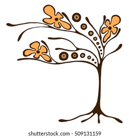 Vector hand drawn illustration, decorative ornamental stylized tree. Hand drawing colorful artistic silhouette. Graphic vector illustration. Decorative artistic ornamental wood