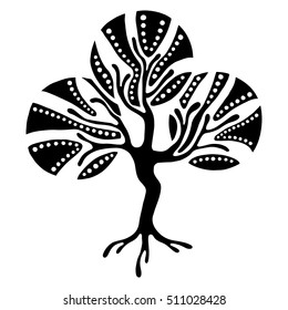 Vector hand drawn illustration, decorative ornamental stylized tree. Black and white graphic illustration isolated on the white background. Inc drawing silhouette. Decorative artistic ornamental wood