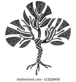 Vector hand drawn illustration, decorative ornamental stylized tree. Black and white graphic illustration isolated on the white background. Inc drawing silhouette. Decorative artistic ornamental wood