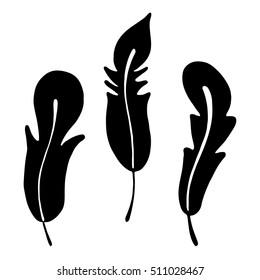 Vector hand drawn illustration, decorative ornamental stylized feather. Black and white graphic illustration isolated on the white background. Hand drawing silhouette.