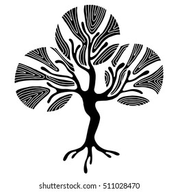 Vector hand drawn illustration, decorative ornamental stylized tree. Black and white graphic illustration isolated on the white background. Inc drawing silhouette. Decorative artistic ornamental wood