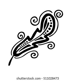 Vector hand drawn illustration, decorative ornamental stylized feather. Black and white graphic illustration isolated on the white background. Inc drawing silhouette.