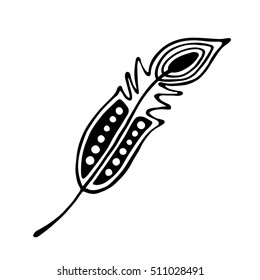 Vector hand drawn illustration, decorative ornamental stylized feather. Black and white graphic illustration isolated on the white background. Inc drawing silhouette.