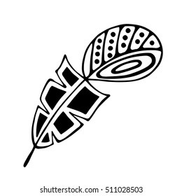 Vector hand drawn illustration, decorative ornamental stylized feather. Black and white graphic illustration isolated on the white background. Inc drawing silhouette.