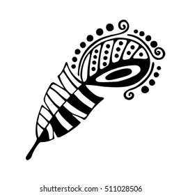 Vector hand drawn illustration, decorative ornamental stylized feather. Black and white graphic illustration isolated on the white background. Inc drawing silhouette.