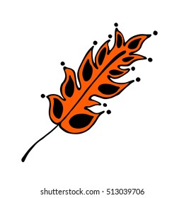Vector hand drawn illustration, decorative ornamental stylized feather.  Red graphic illustration isolated on the white background. Inc drawing silhouette.
