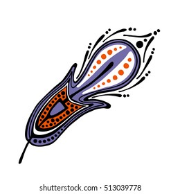 Vector hand drawn illustration, decorative ornamental stylized feather. Blue  graphic illustration isolated on the white background. Inc drawing silhouette.