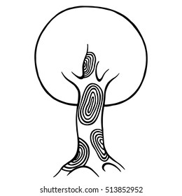 Vector hand drawn illustration, decorative ornamental stylized tree. Black and white graphic illustration isolated on the white background. Inc drawing silhouette. Decorative artistic ornamental wood