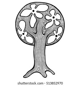 Vector hand drawn illustration, decorative ornamental stylized tree. Black and white graphic illustration isolated on the white background. Inc drawing silhouette. Decorative artistic ornamental wood