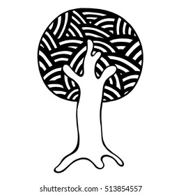 Vector hand drawn illustration, decorative ornamental stylized tree. Black and white graphic illustration isolated on the white background. Inc drawing silhouette. Decorative artistic ornamental wood