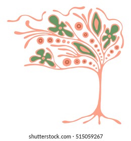 Vector hand drawn illustration, decorative ornamental stylized tree. Abstract graphic illustration isolated on the white background. Artistic drawing silhouette. Decorative  ornamental wood